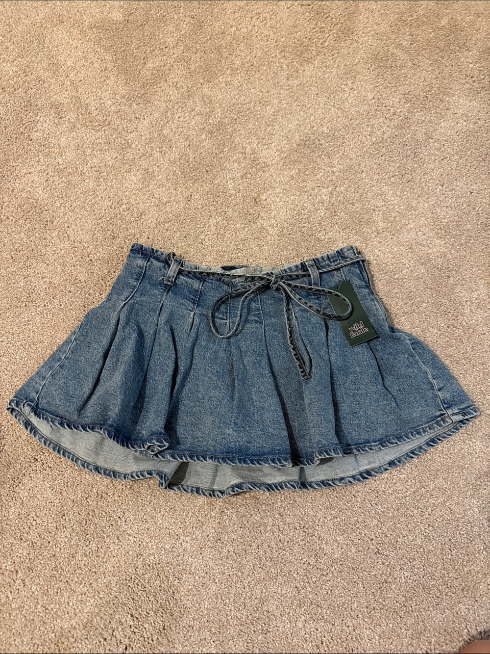 Denim Pleated Mini Skirt with Tie Waist - Blue